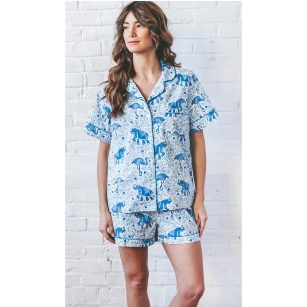 Anthropologie Printfresh Flamenco Elephants Blue Print Pajama Set Size XXS 2XS